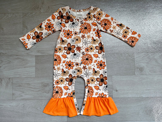 Orange ruffle floral long sleeves baby girls fall romper