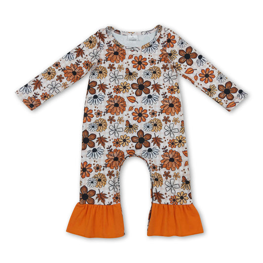 Orange ruffle floral long sleeves baby girls fall romper