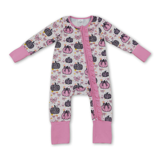 Long sleeves leopard pink bow baby girls fall zipper romper