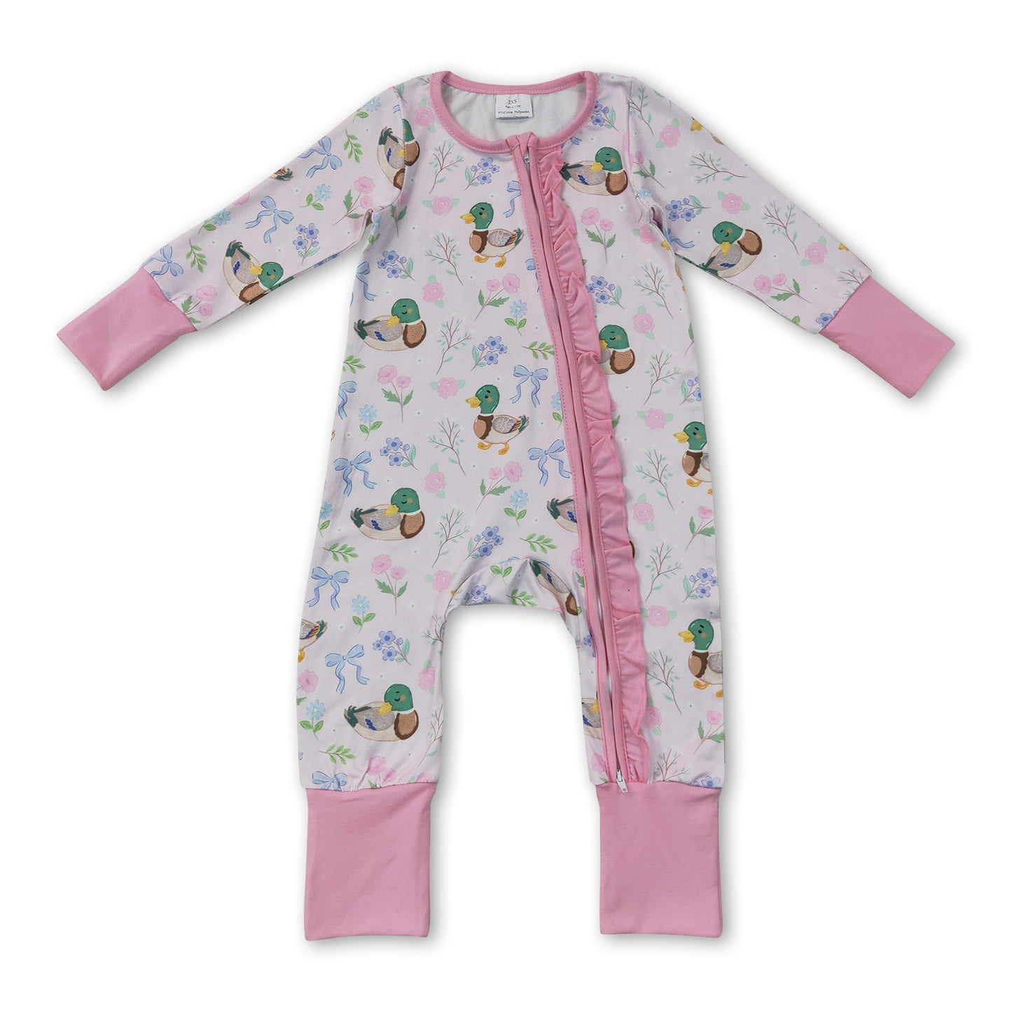 Duck bow floral pink ruffle baby girls zipper romper