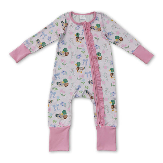 Duck bow floral pink ruffle baby girls zipper romper