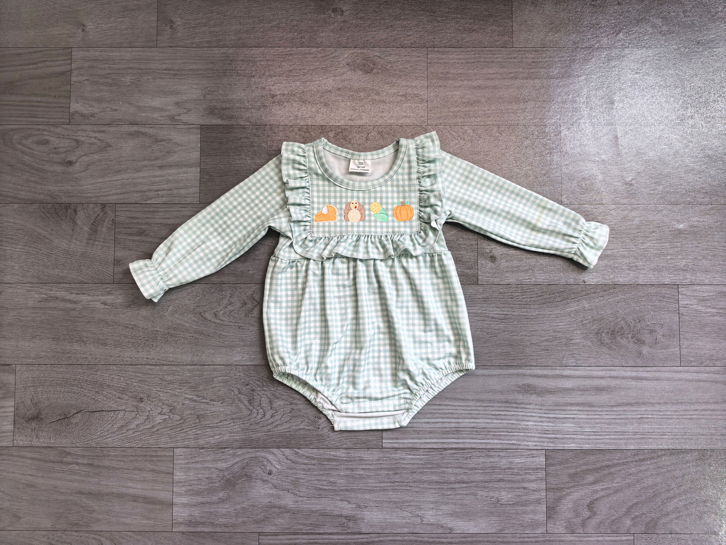 Plaid turkey pumpkin pie baby girls Thanksgiving romper