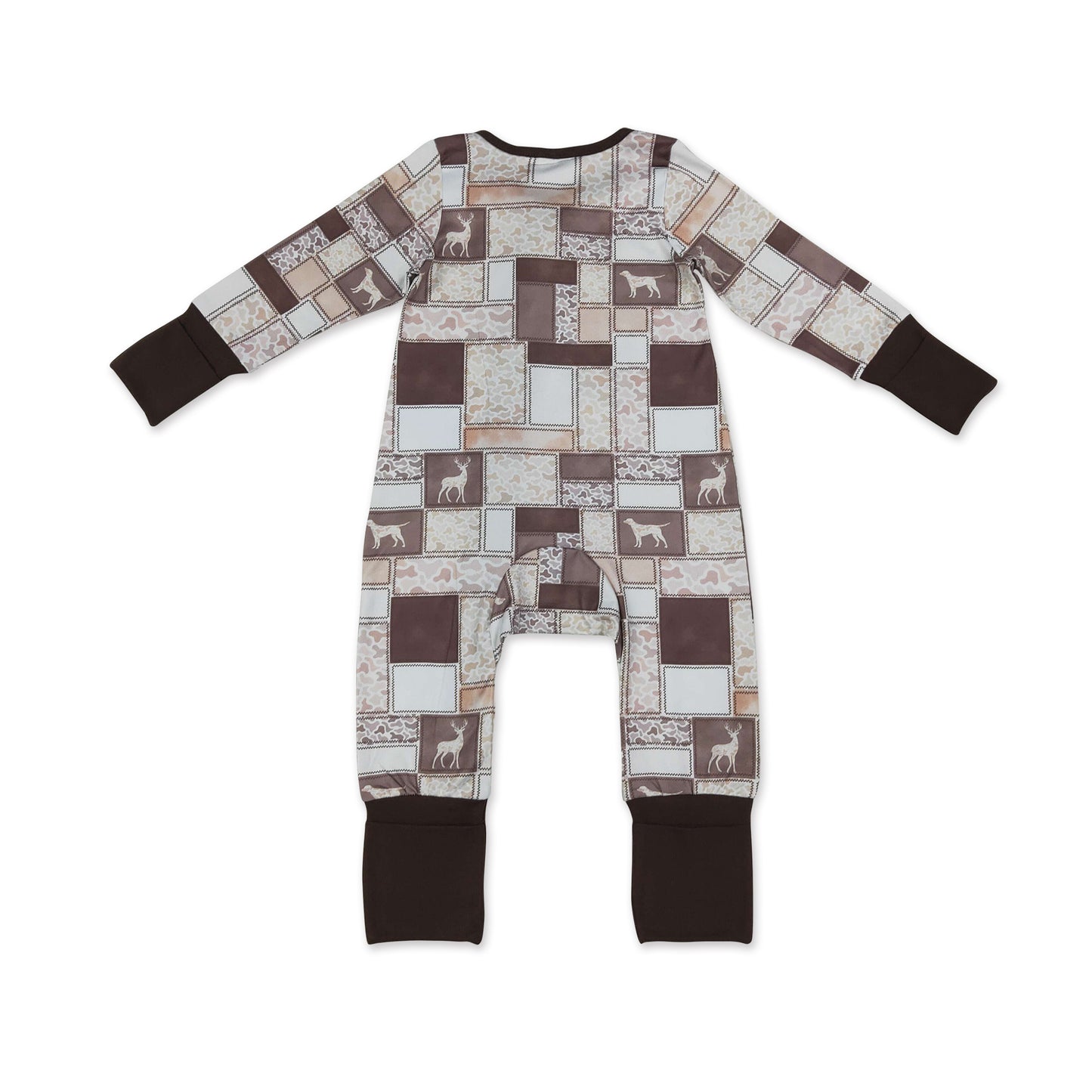 Long sleeves brown camo hunting dog baby boy zipper romper