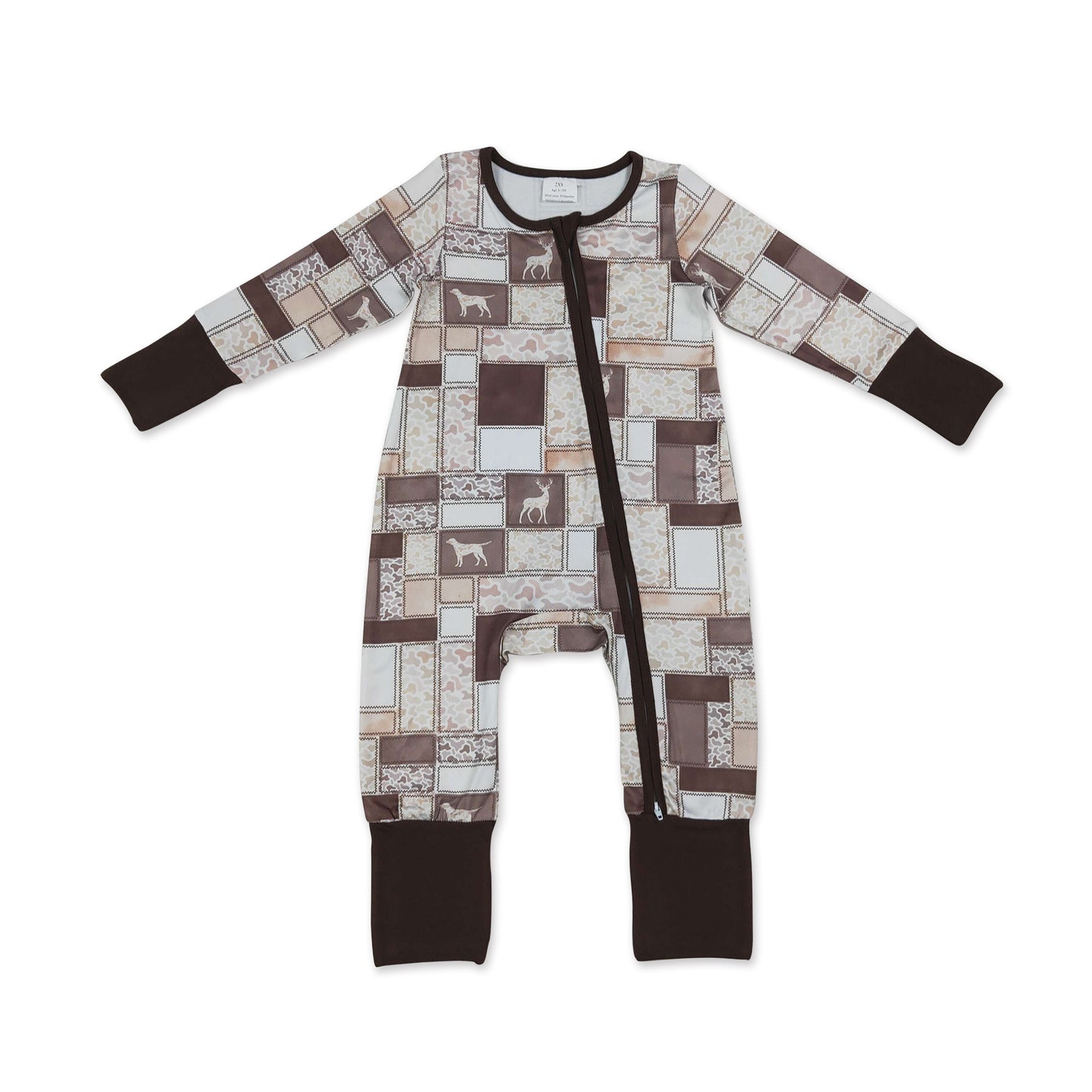 Long sleeves brown camo hunting dog baby boy zipper romper