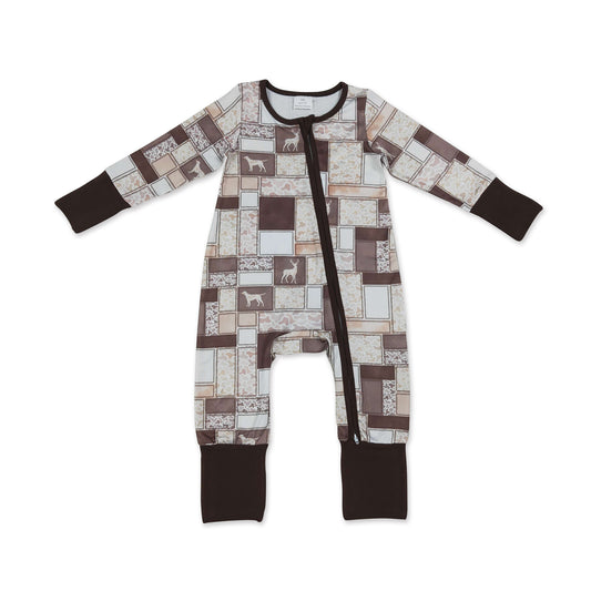 Long sleeves brown camo hunting dog baby boy zipper romper
