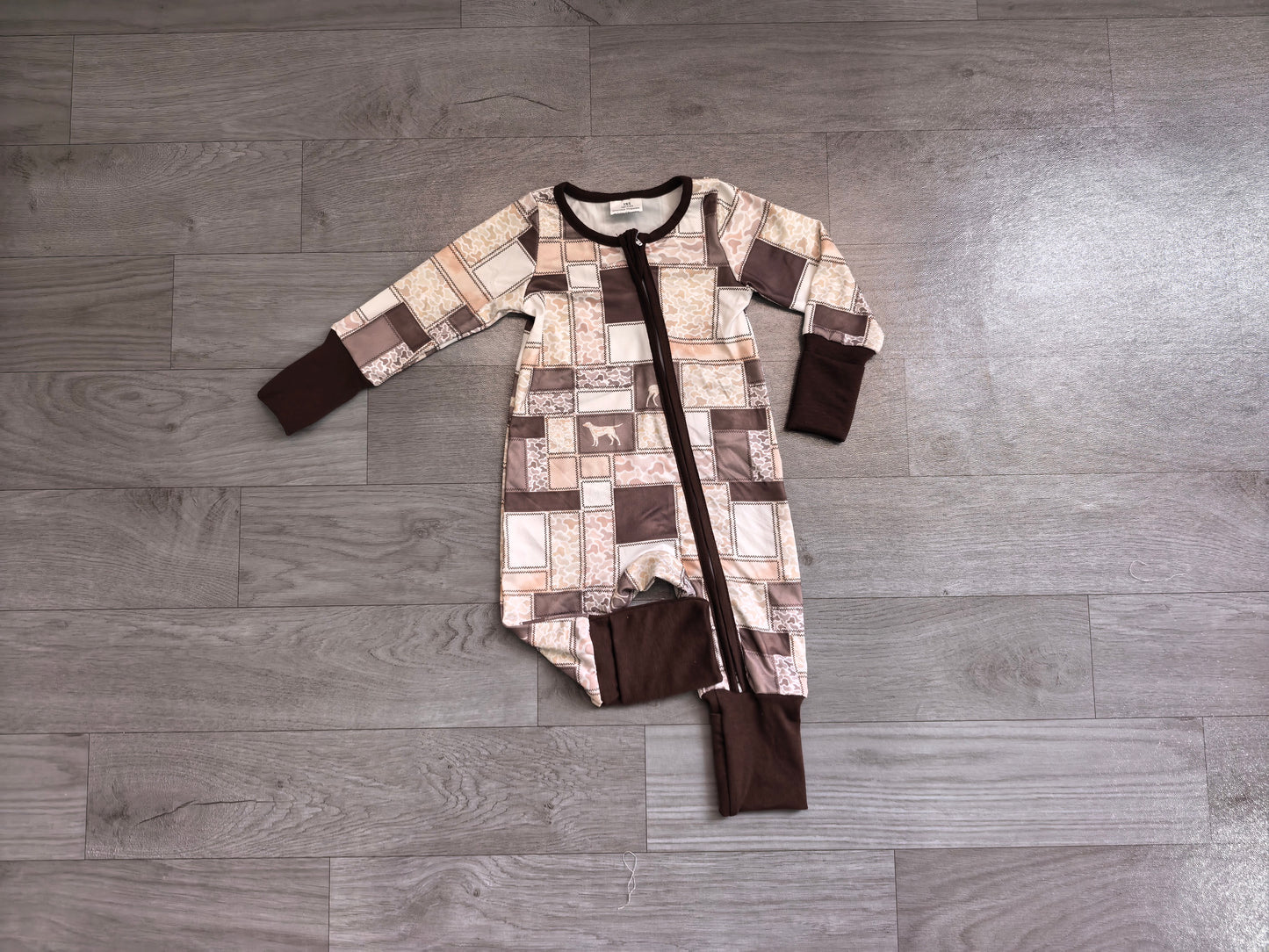 Long sleeves brown camo hunting dog baby boy zipper romper