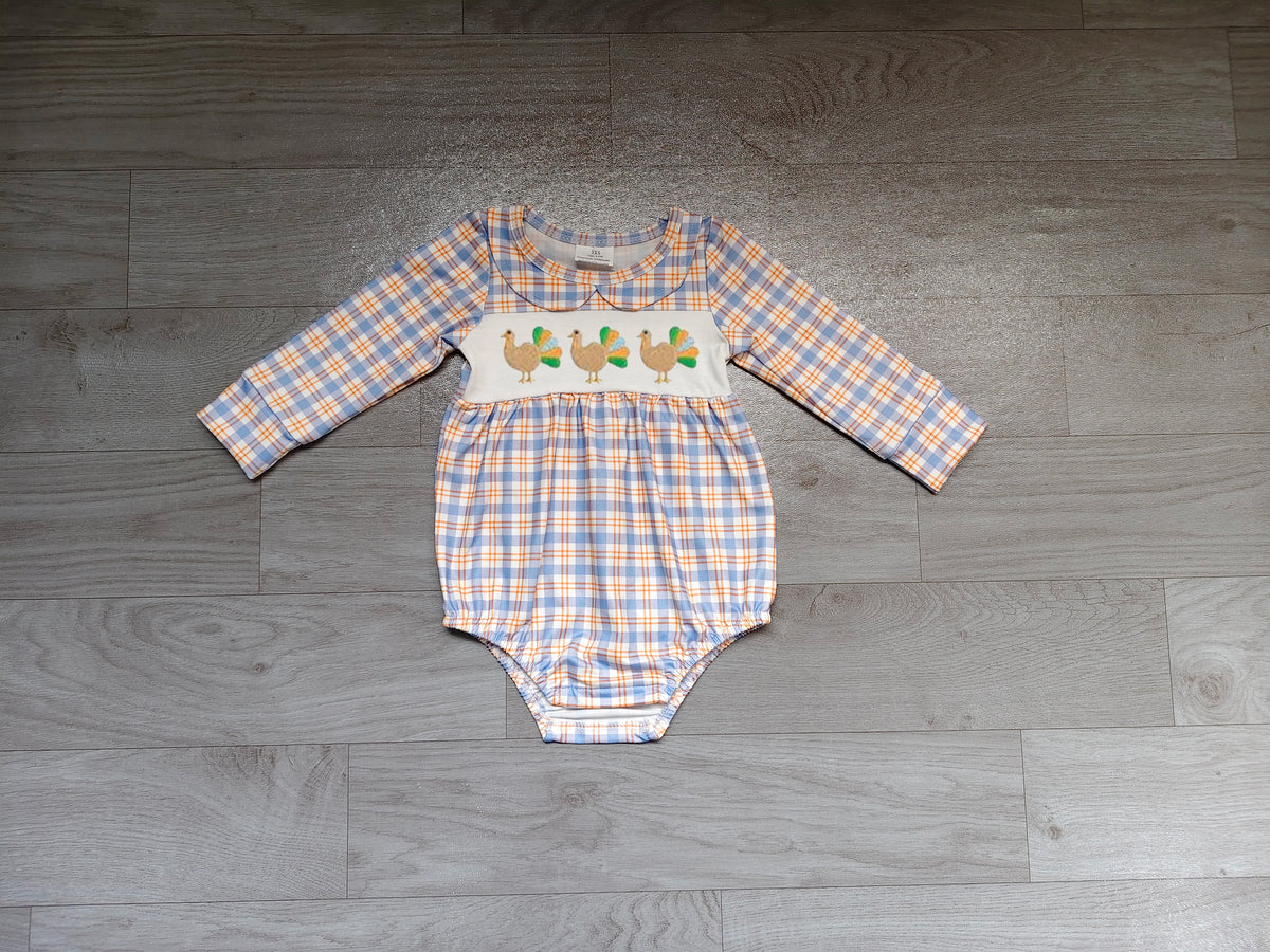 Plaid turkey embroidery girls Thanksgiving romper
