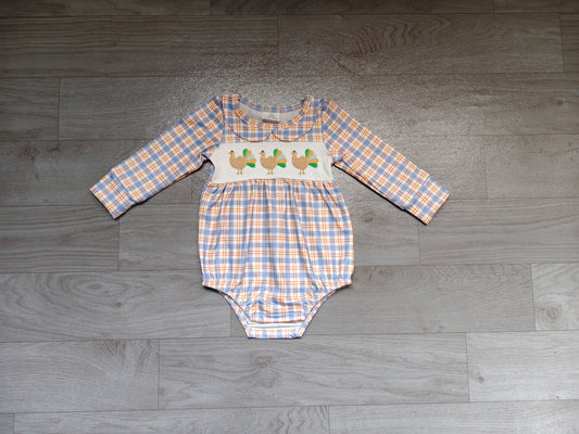 Plaid turkey embroidery girls Thanksgiving romper