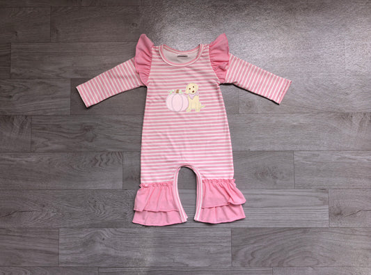 Pumpkin dog embroidery stripe baby girls fall romper