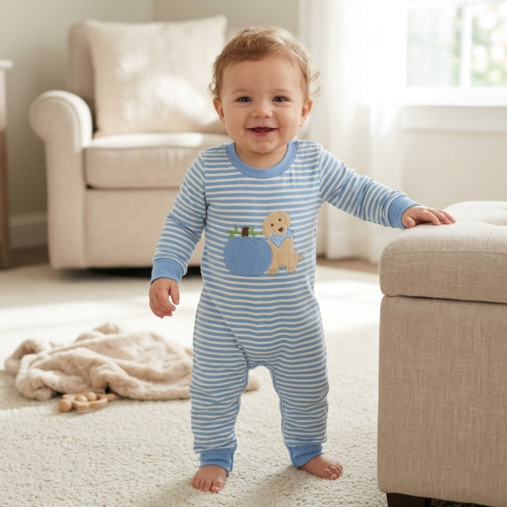 Long sleeves stripe pumpkin dog baby boy fall romper