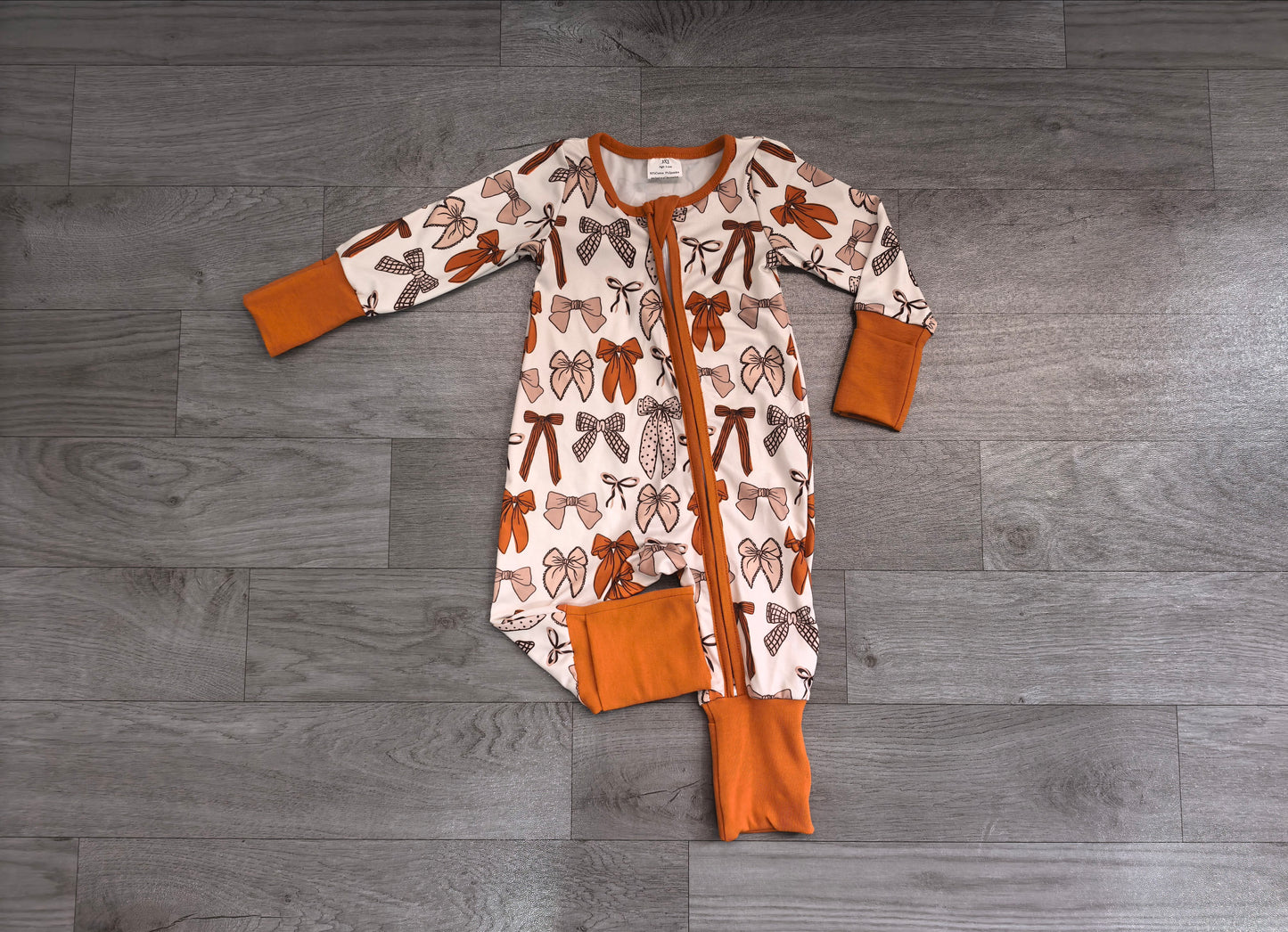Brown bow baby girls Thanksgiving zipper romper