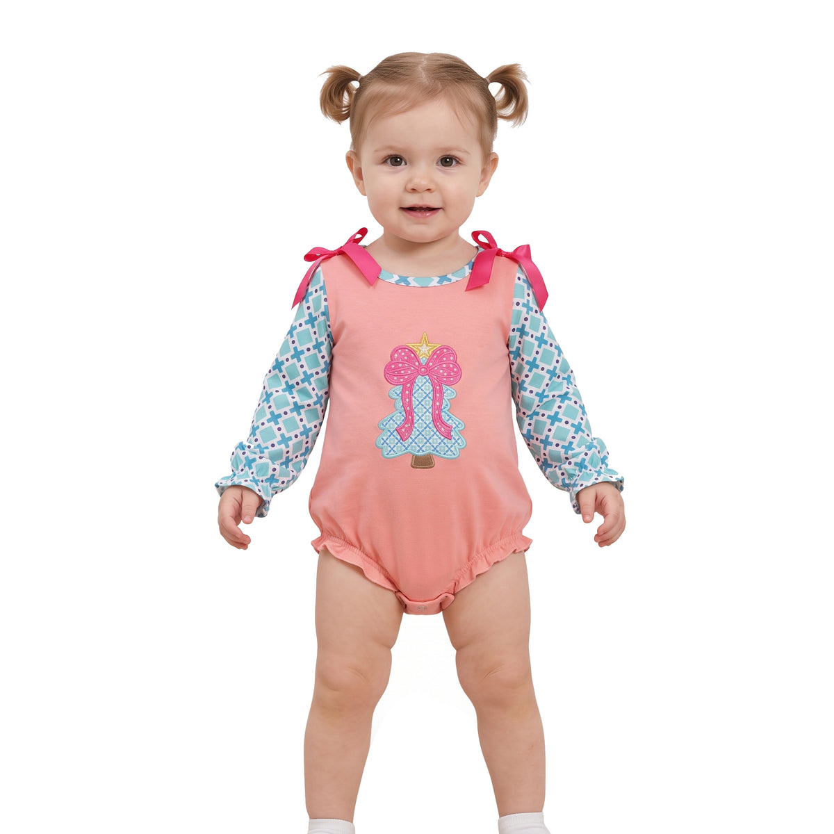 Long sleeves Christmas tree bow baby girls romper