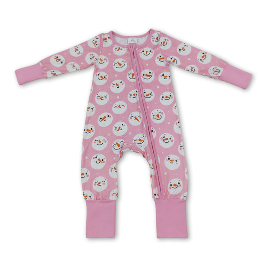 Pink snowman long sleeves baby girls zipper romper