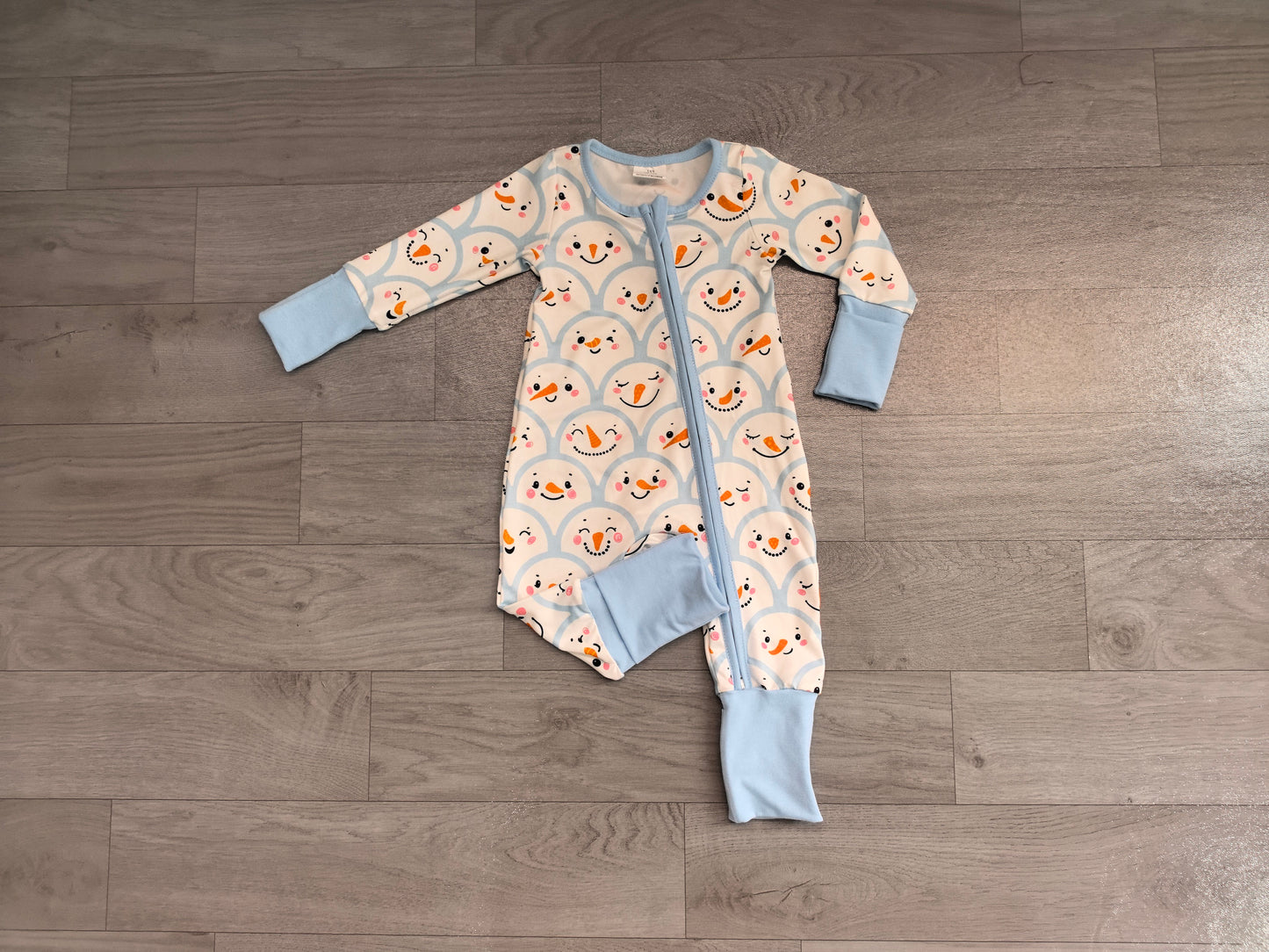 Blue snowman long sleeves baby boys zipper romper