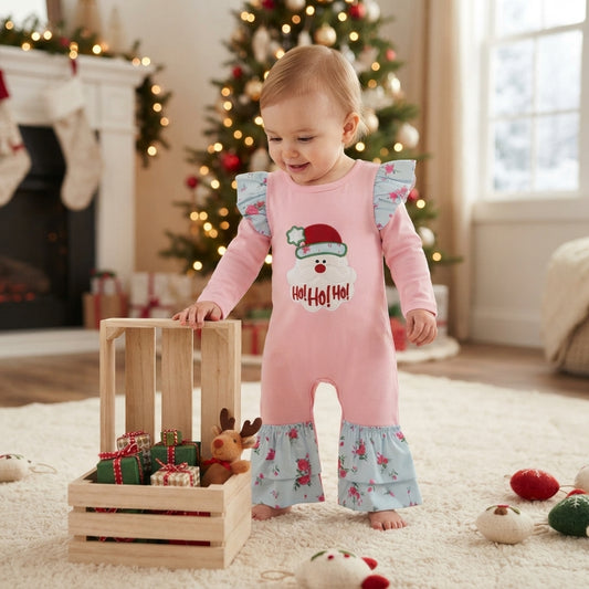 Ho ho ho santa embroidery girls Christmas romper