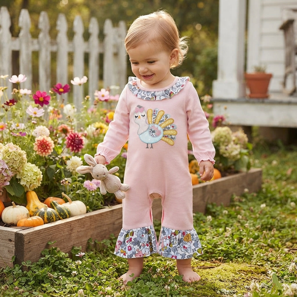 Turkey embroidery floral ruffle baby girls Thanksgiving romper