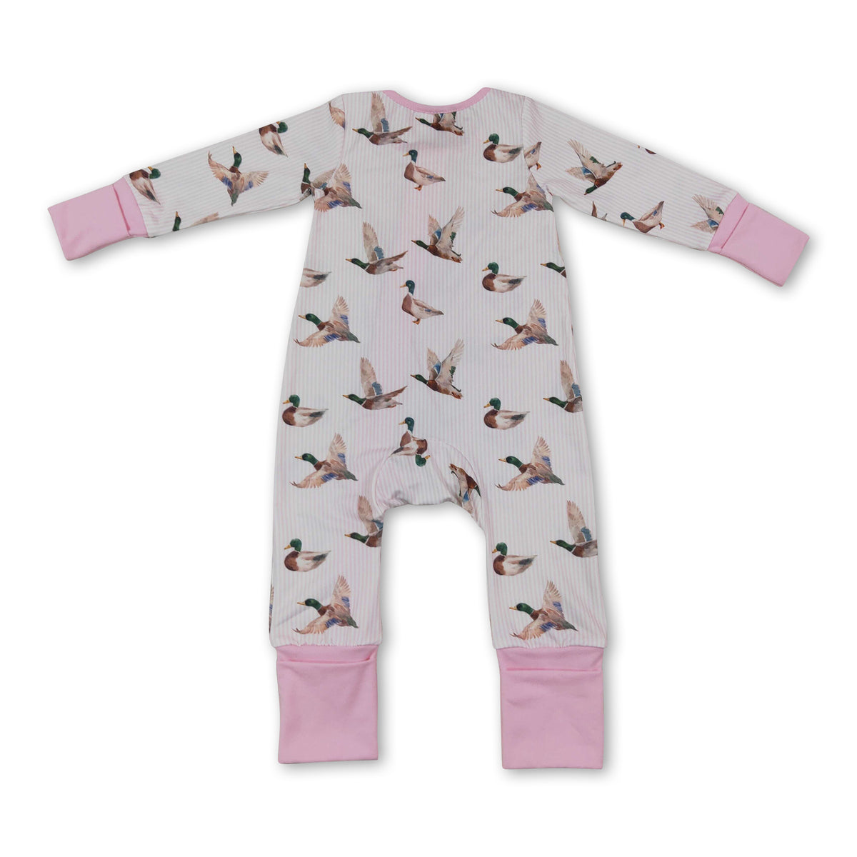 Long sleeves pink stripe duck baby girl zipper romper