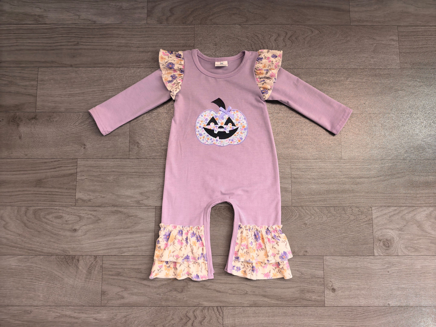 Lavender pumpkin floral embroidery girls Halloween romper