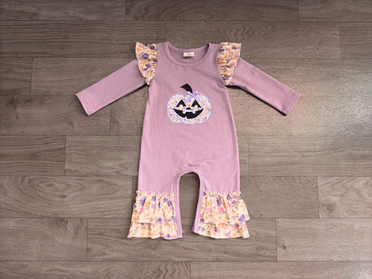 Lavender pumpkin floral embroidery girls Halloween romper