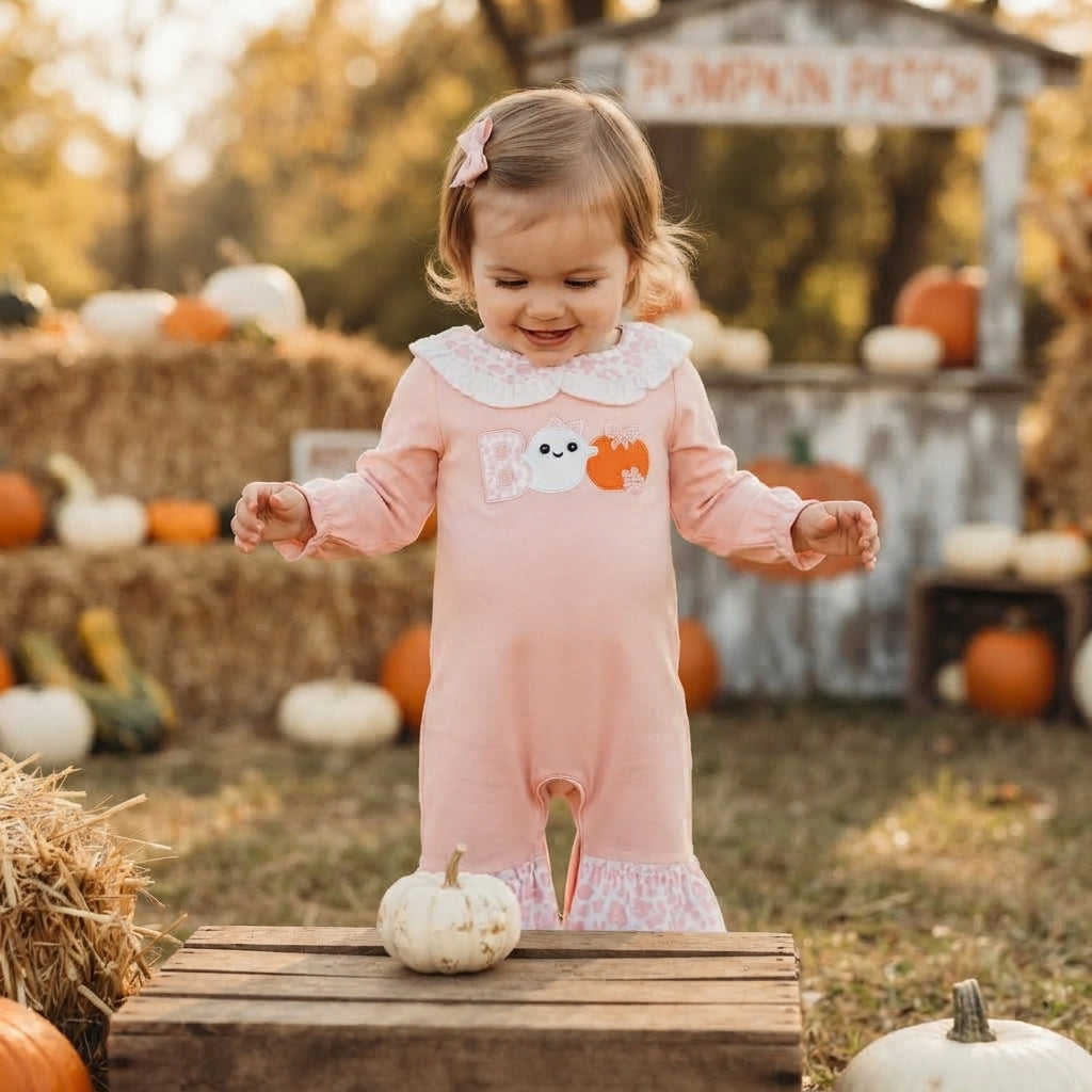 Ghost boo pumpkin leopard baby girls Halloween romper