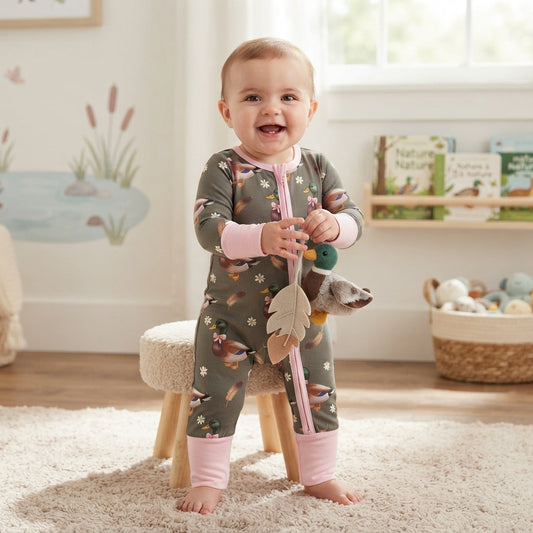 Pink long sleeves duck bow floral baby girls zipper romper