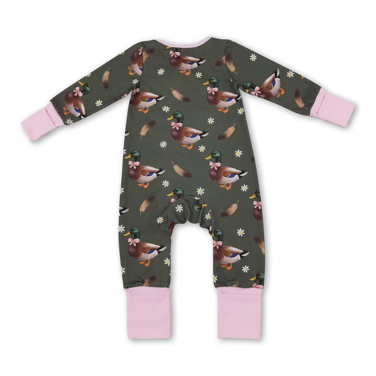 Pink long sleeves duck bow floral baby girls zipper romper