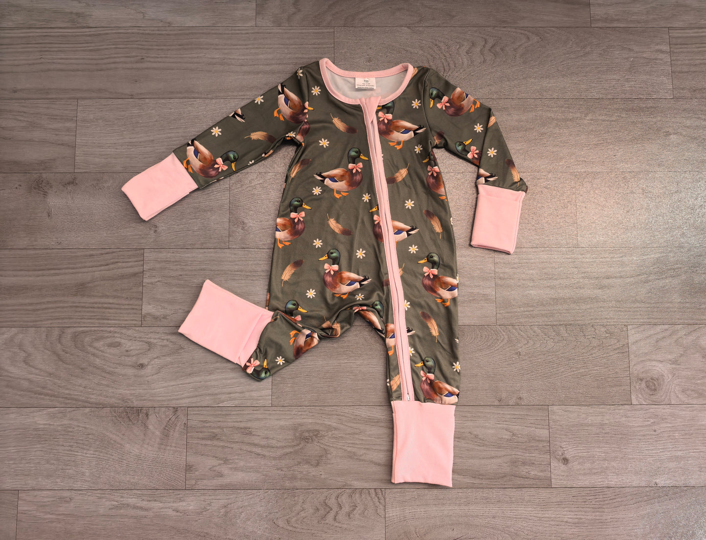 Pink long sleeves duck bow floral baby girls zipper romper