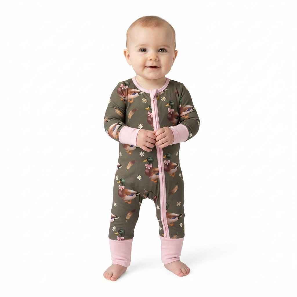 Pink long sleeves duck bow floral baby girls zipper romper