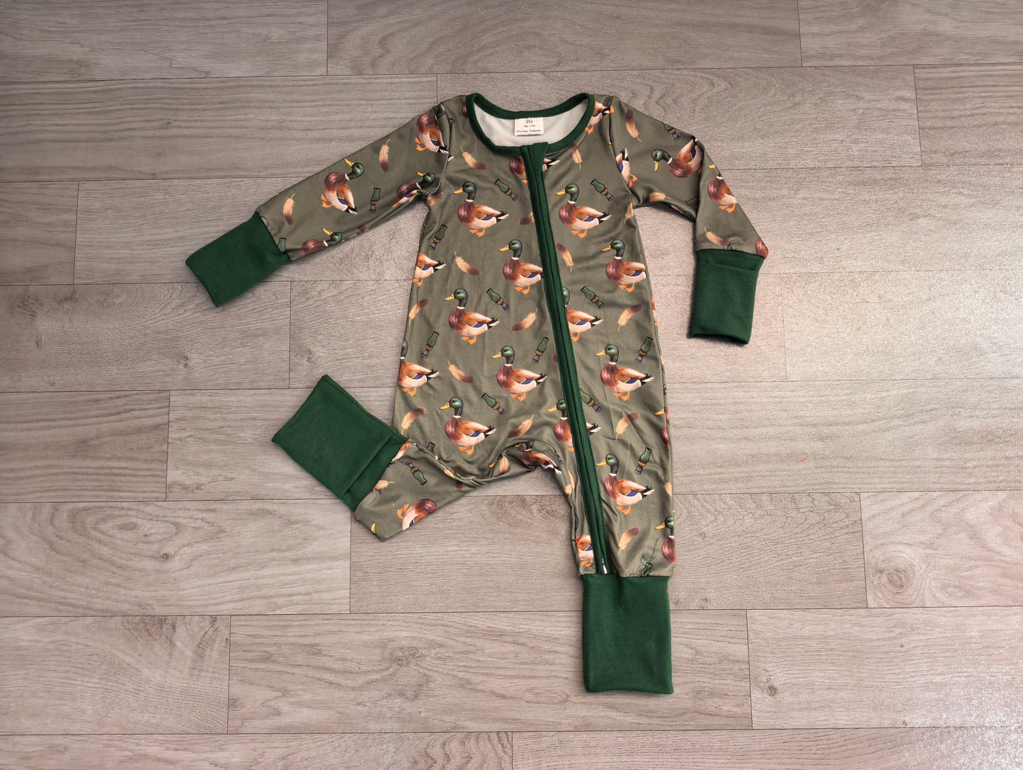 Green long sleeves duck call baby boys zipper romper