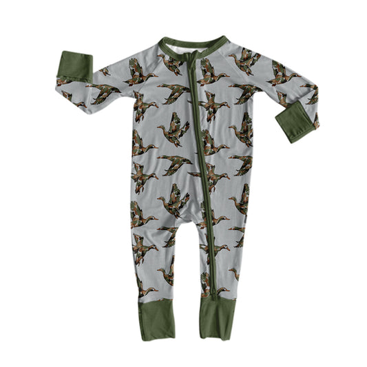 Green long sleeves camo duck baby boys zipper romper