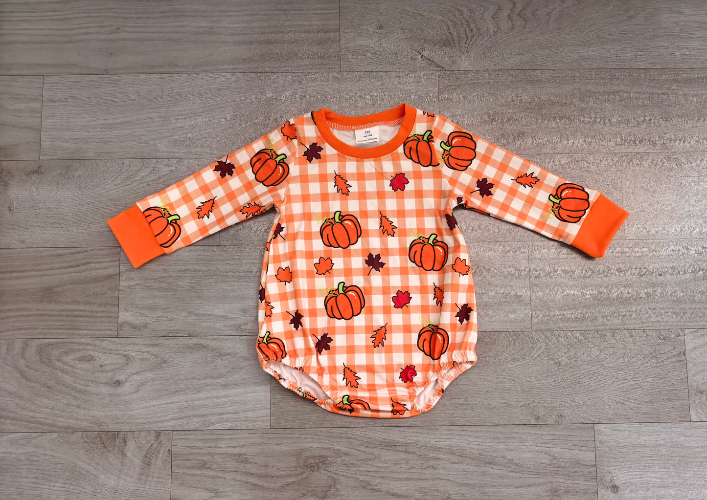 Long sleeves pumpkin plaid leaves baby fall romper