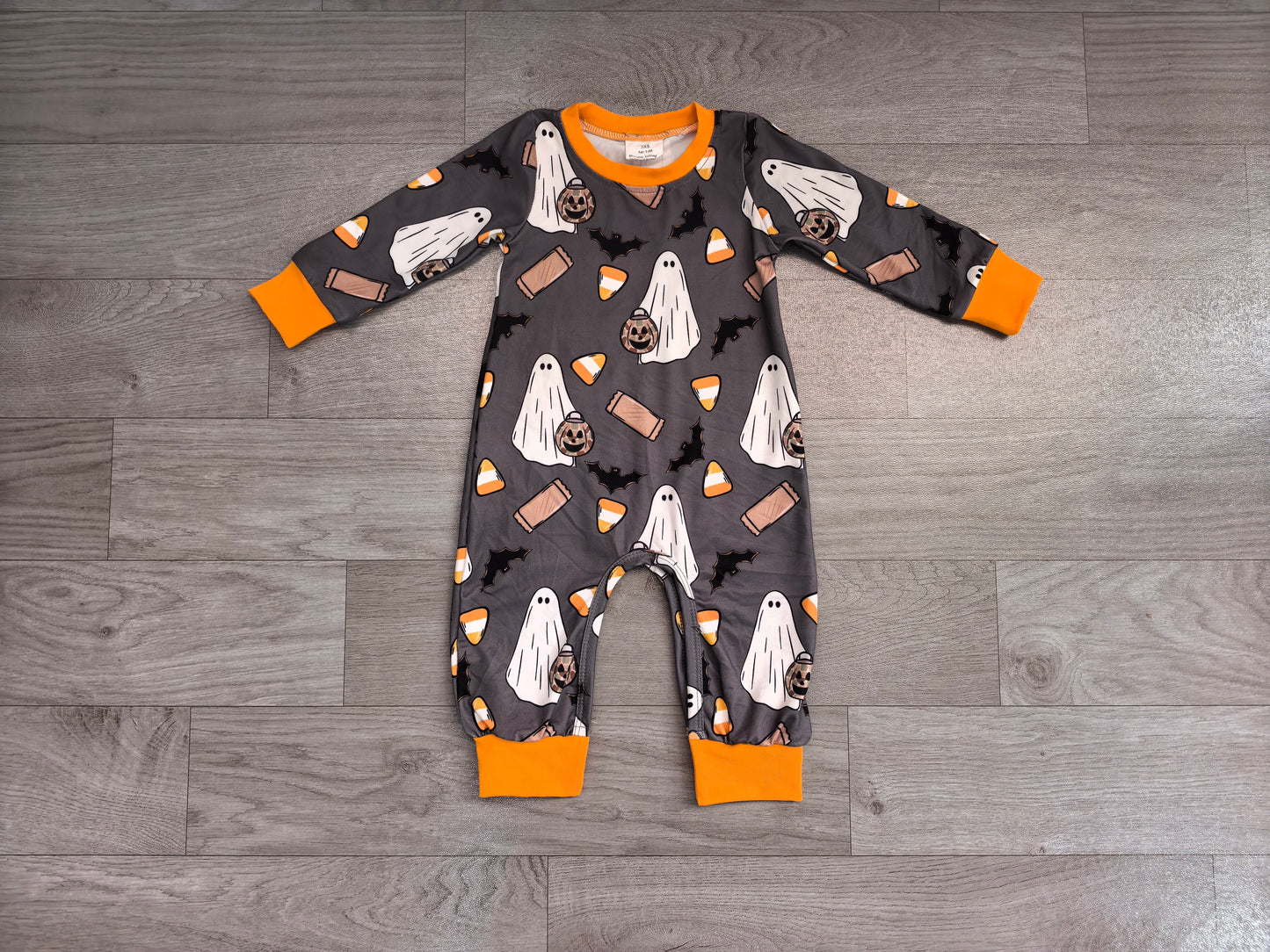 Long sleeves ghost candy corn boy Halloween romper