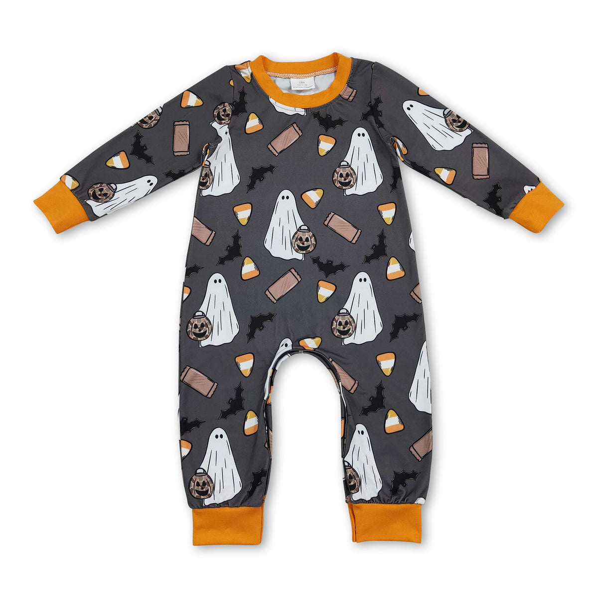 Long sleeves ghost candy corn boy Halloween romper