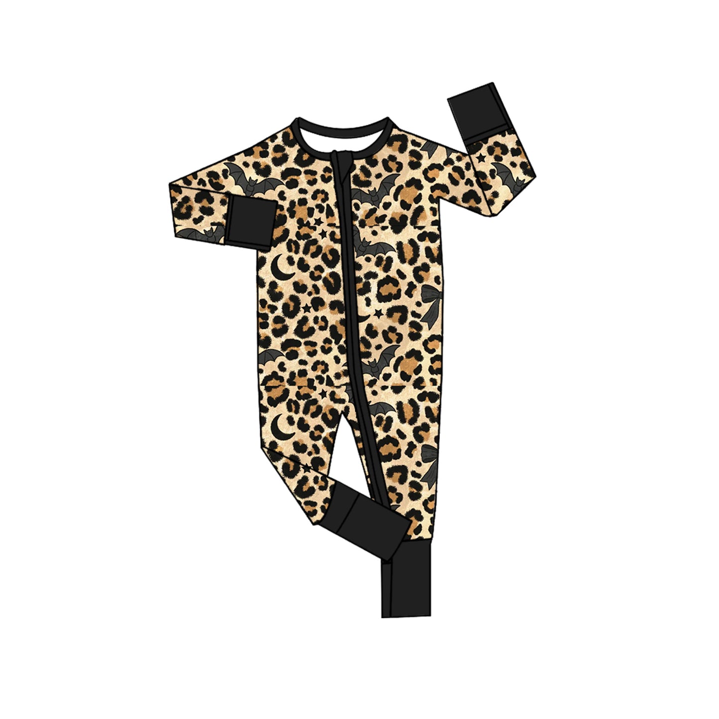 Long sleeves leopard bat moon baby Halloween zipper romper