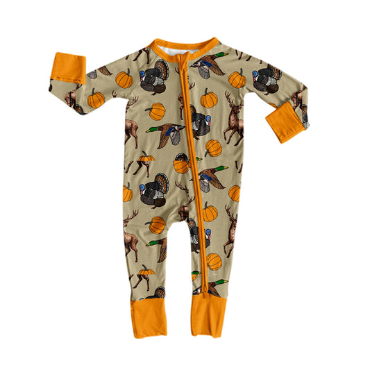 Duck deer turkey pumpkin baby boy fall zipper romper