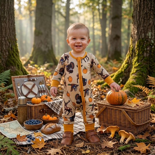 Duck deer turkey pumpkin baby boy fall zipper romper