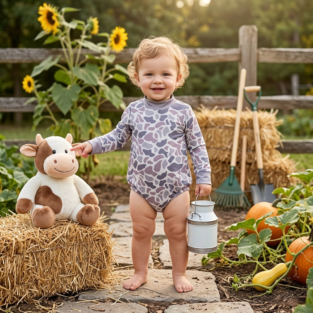 Long sleeves grey camo mock neck baby kids fall romper