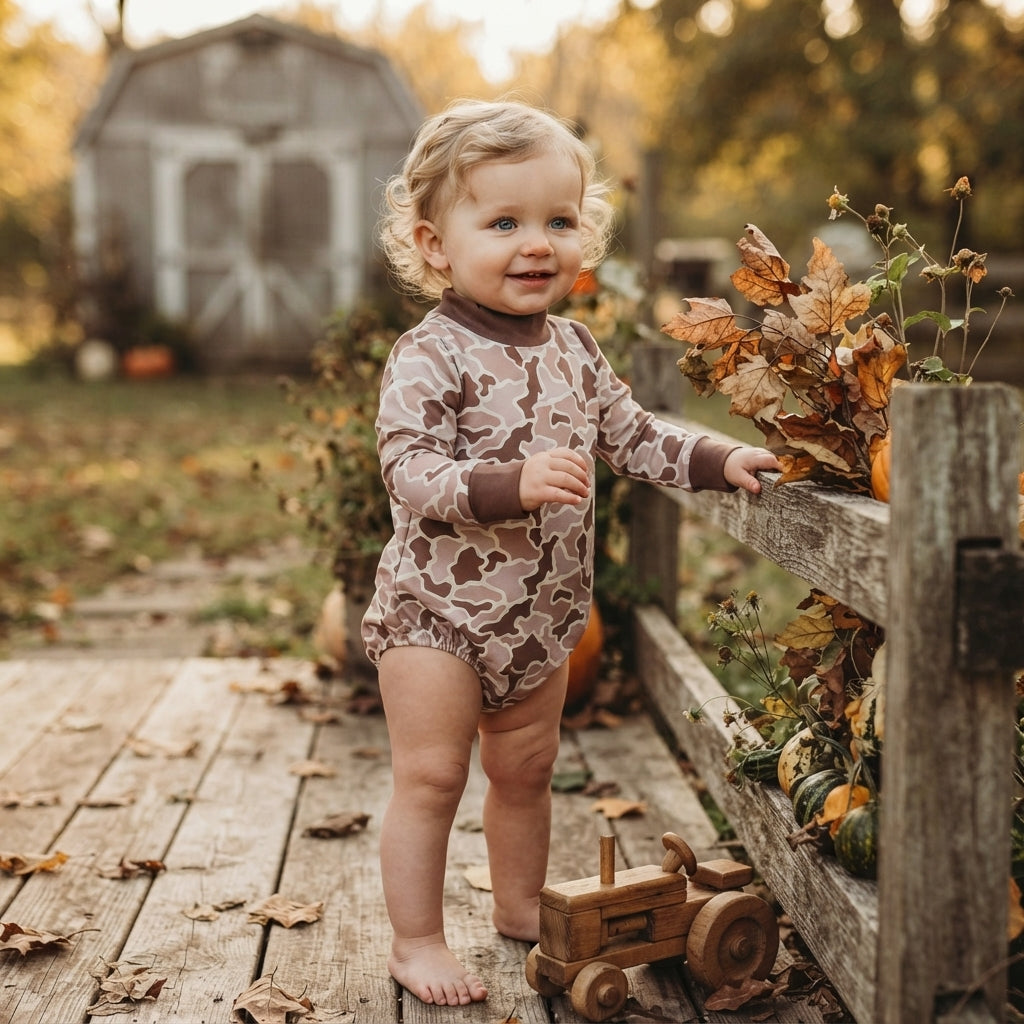 Long sleeves camo mock neck baby kids fall romper