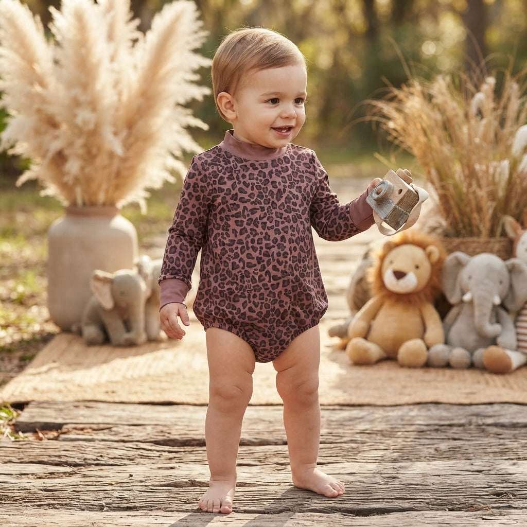 Long sleeves leopard mock neck baby girls fall romper