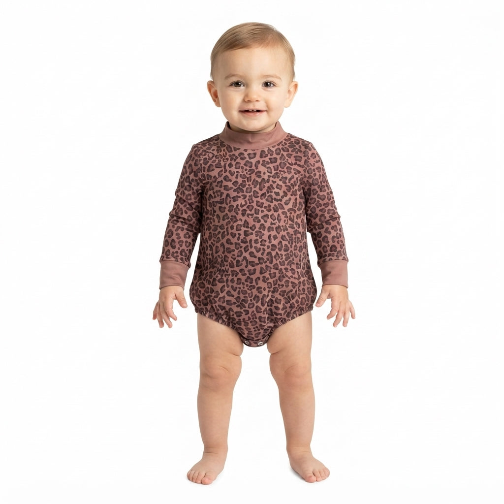 Long sleeves leopard mock neck baby girls fall romper