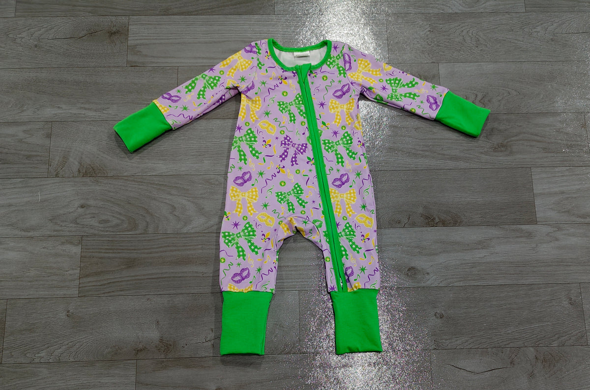 Long sleeves plaid bow baby girls Mardi Gras zipper romper