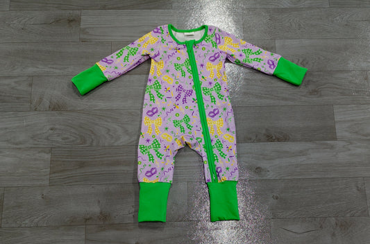 Long sleeves plaid bow baby girls Mardi Gras zipper romper