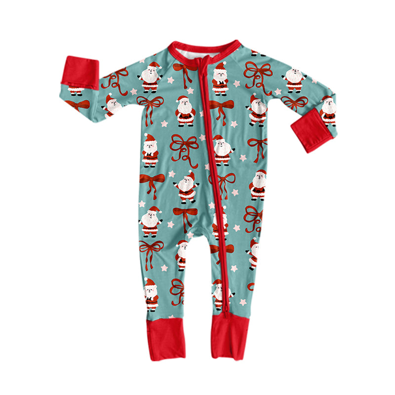Long sleeves red bow santa baby girls Christmas zipper romper
