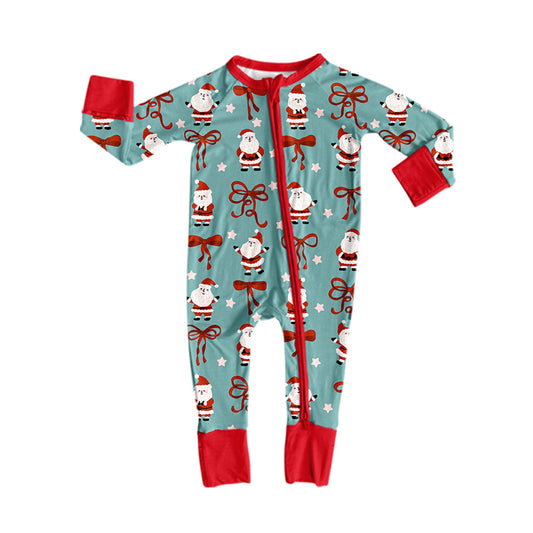 Long sleeves red bow santa baby girls Christmas zipper romper