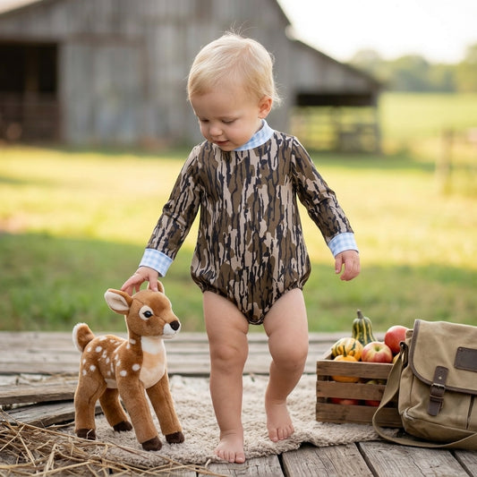 Light blue plaid olive camo long sleeves baby kids romper