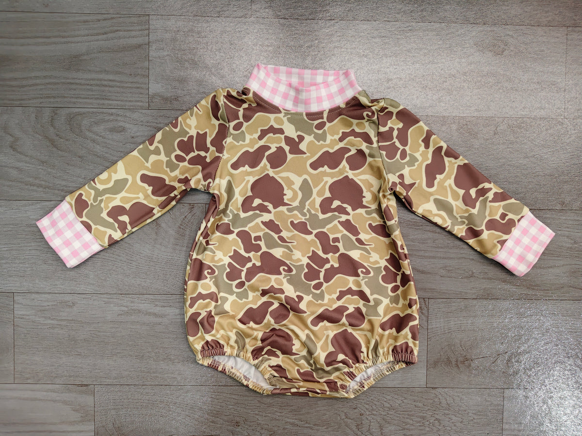 Pink plaid camo long sleeves baby girls romper