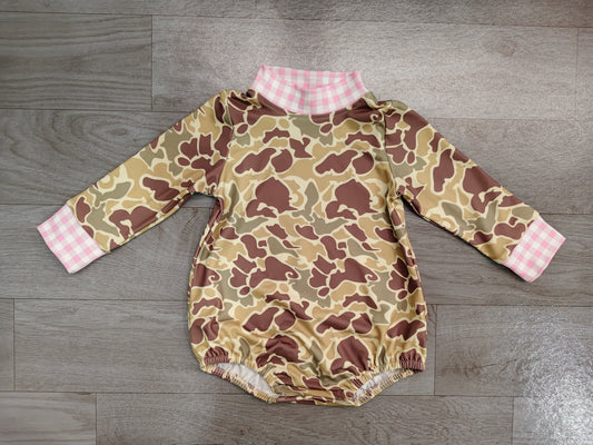 Pink plaid camo long sleeves baby girls romper
