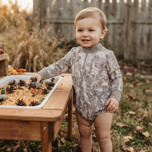 Long sleeves olive leaves camo mock neck baby boy fall active romper