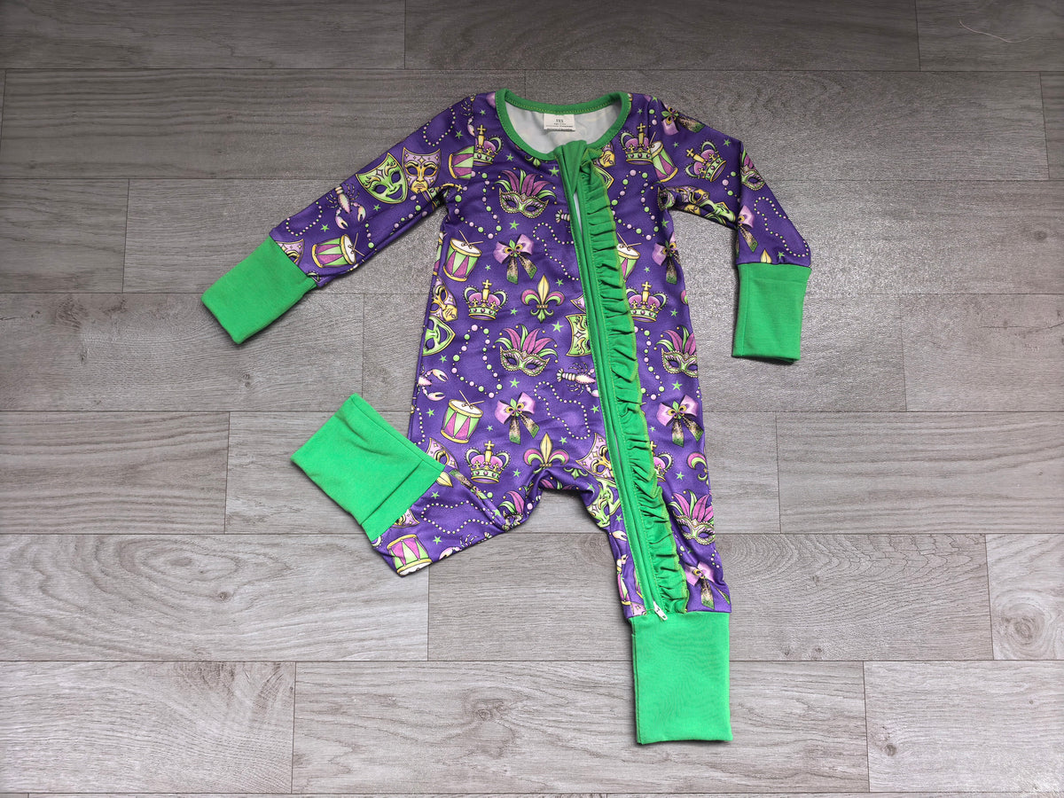 Necklace bow ruffle baby girls Mardi Gras zipper romper