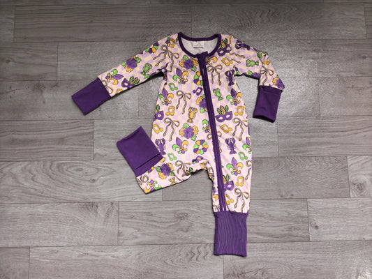 Plaid bow crawfish baby girls Mardi Gras zipper romper